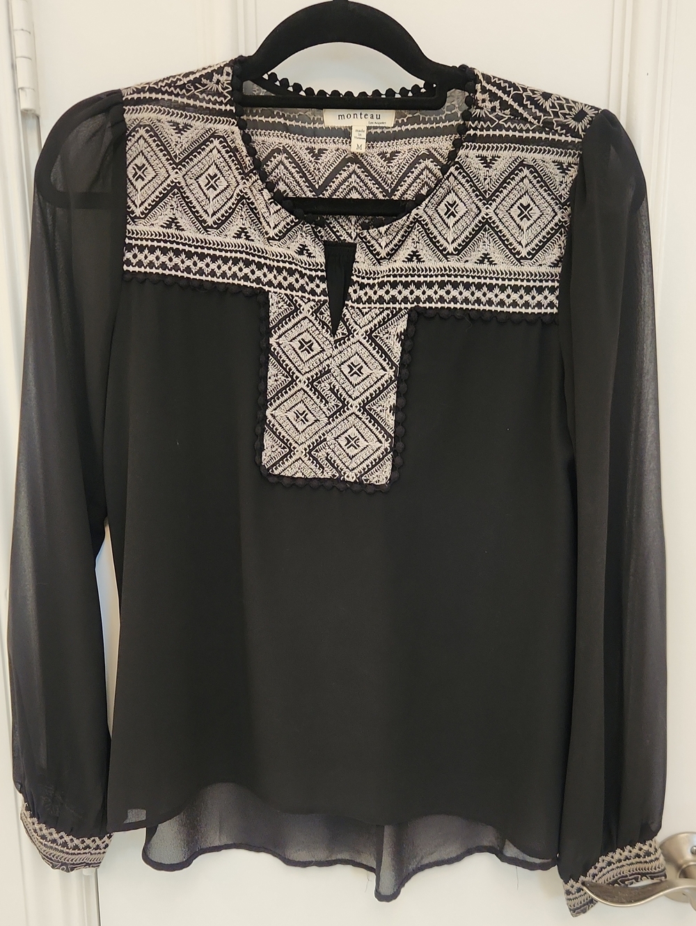 Monteau Black Blouse with White Geometric Embroidery